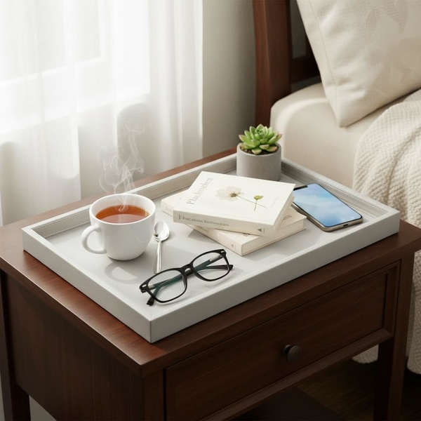 serving tray, ottoman tray, coffee table tray, decorative tray, breakfast tray, brand awareness, lifestyle, minimalist, calm, fresh, neutral, brown